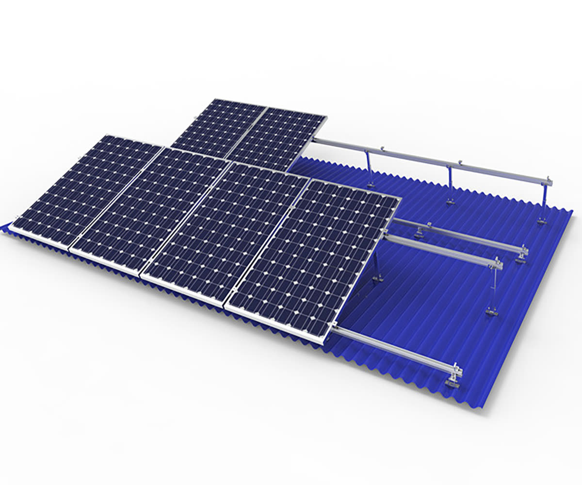 tin roof solar mounting system with six solar panels on aluminum rails on a blue corrugated metal roof